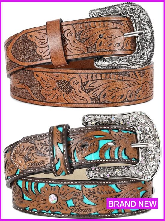 Accessories - Women Western Leather Belt Set with Big Silver Buckle Vintage Carved Pattern